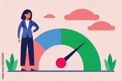 Woman standing next to a colorful performance meter with clouds, woman, business, performance, meter, gauge, dashboard, indicator, progress, success, achievement, goal, target, strategy, analysis, dat
