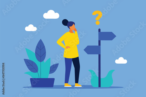 Woman contemplating a signpost with a question mark, woman, thinking, decision, choice, confusion, question, question mark, signpost, direction, crossroads, path, way, strategy, planning, problem, sol