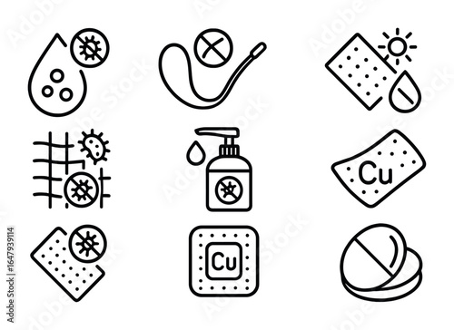 Anti-Infective Icons Grid. Outline vector icons of anti-infective materials: silver coating, antimicrobial