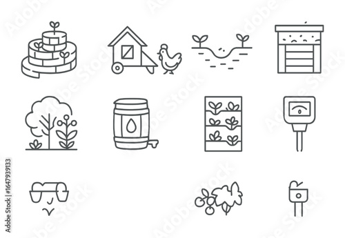 Permaculture Icons Grid. Outline vector icons of permaculture farming: herb spiral, chicken tractor, swale,