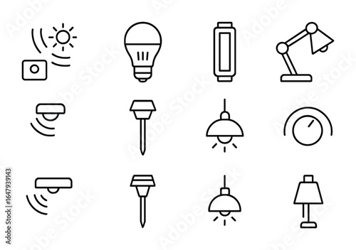 Sustainable Lighting Icons. Outline vector icons of sustainable lighting systems: daylight sensor, LED bulb,