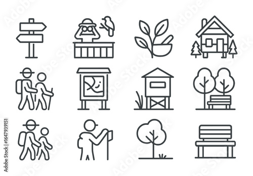 Eco-Tourism Icons Grid. Outline vector icons of eco-tourism experiences: nature trail sign, wildlife lookout,