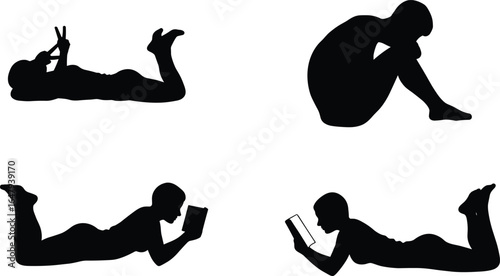 Silhouette of people reading books and using phone, lying down poses, leisure activity, studying, technology use, relaxing at home, lifestyle concept, peaceful moment, human illustr
