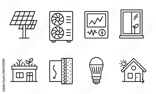 Net-Zero Building Icons. Outline vector icons of net-zero buildings: solar panels, heat pump, energy monitor,