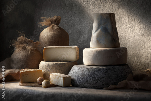 A very futuristic still life of new cheeses, some with mold, with dim lighting and some volumetric elements, with a gray and minimalist background.
