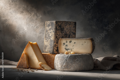 A very futuristic still life of new cheeses, some with mold, with dim lighting and some volumetric elements, with a gray and minimalist background.