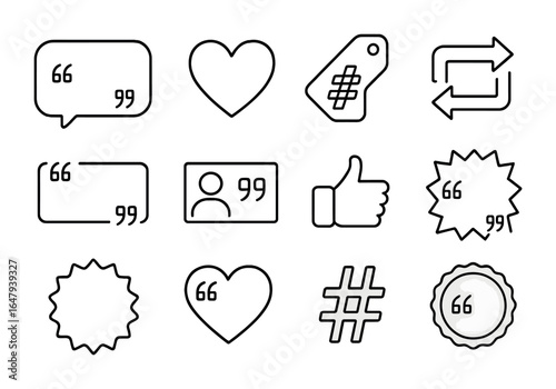 Social Media Icons Grid. Outline vector icons of social media quote graphics: story bubble, heart icon,