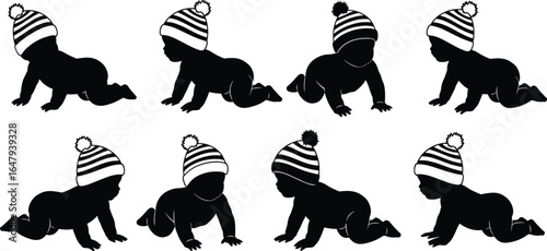 Baby crawling silhouette set, winter hat baby icon, newborn crawling vector, infant movement illustration, black silhouette infant, playful baby pose design