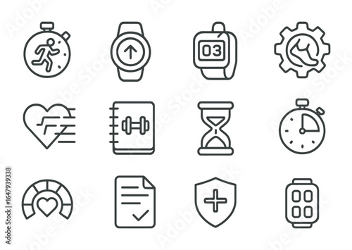 Sports Tracking Icons. Outline vector icons of sports performance tracking: running pace, VO2 max, lap counter