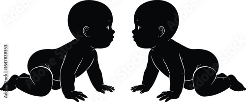 Twin babies crawling silhouette, cute infant duo, toddler face to face, newborn crawling vector, child development pose, black baby icon design