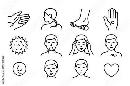 Self-Massage Icons Grid. Outline vector icons of self-massage and relaxation techniques: hand massage, neck