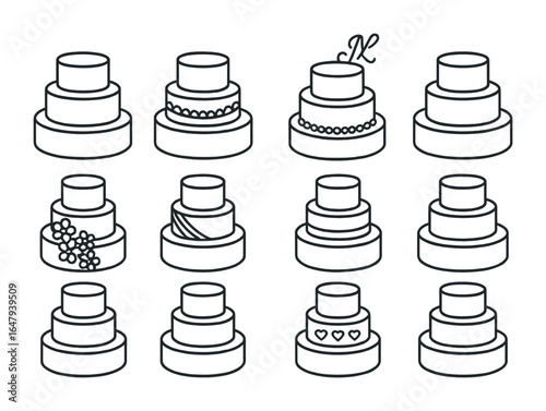 Elegant Wedding Cake Icons. Outline vector icons of wedding cake designs: three-tier cake, lace piping, pearl