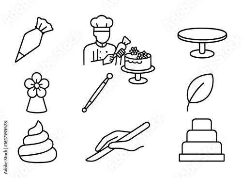 Cake Decorating Icons. Outline vector icons of a chef decorating a cake with intricate piping and edible