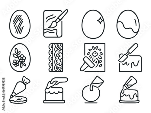 Edible Art Icons. Outline vector icons of edible art techniques: brushstroke texture, chocolate painting,