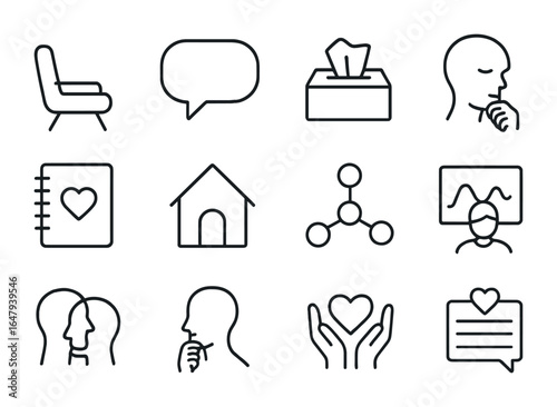 Mental Health Icons. Outline vector icons of mental health support sessions: therapist chair, talk bubble,