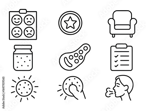 Emotional Support Icons Grid. Outline vector icons of emotional and behavioral support: feeling chart, reward