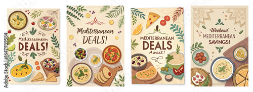 Colorful Mediterranean food illustrations showcase delightful deals and savings on delicious dishes.