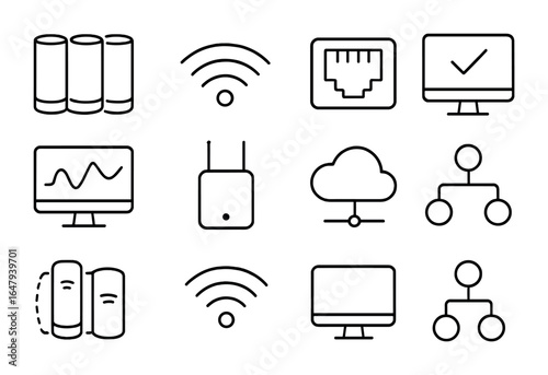 Home Network Icons. Outline vector icons of home network connectivity: mesh router, Wi-Fi signal, ethernet