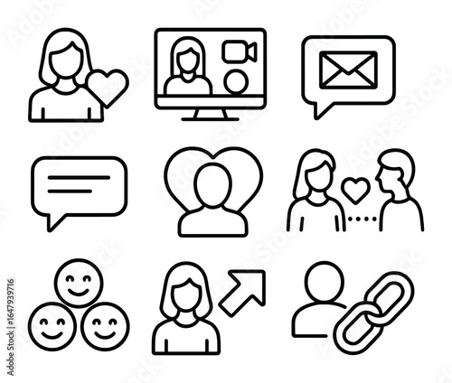 Virtual Connection Icons. Outline vector icons of virtual relationships and connection: online friend icon,