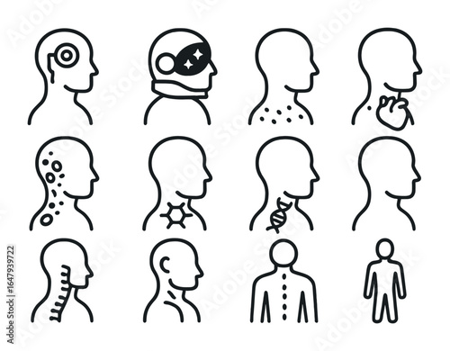 Futuristic Evolution Icons. Outline vector icons of futuristic human evolution scenarios: cybernetic implant,