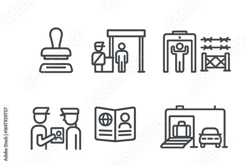 Border Crossing Icons. Outline vector icons of border crossings: passport stamp, customs gate, security
