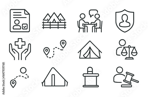 Refugee Process Icons. Outline vector icons of refugee and asylum processing: asylum form, refugee camp,