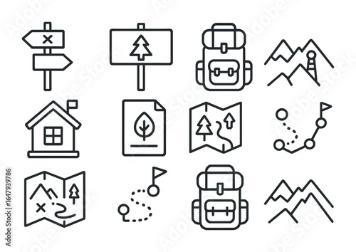 Hiking Icons Grid. Outline vector icons of cross-border hiking and eco-travel: trail marker, national park