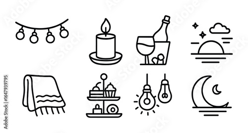Evening Dining Icons. Outline vector icons of evening dining ambiance: string lights, glowing candle, chilled