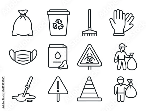 Environmental Cleanup Icons. Outline vector icons of environmental cleanup volunteer work: trash bag,