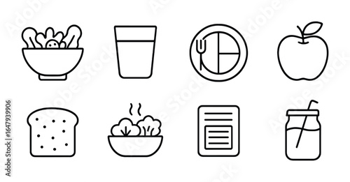 Healthy Eating Icons. Outline vector icons of healthy eating habits: salad bowl, water glass, portion plate,