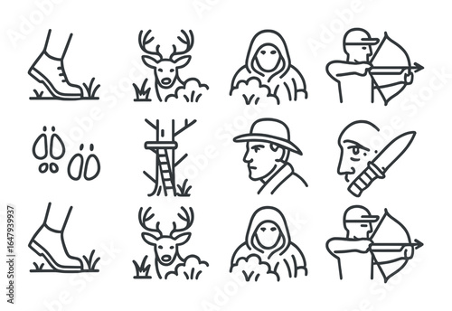 Forest Hunting Icons. Outline vector icons of forest hunting scenes: silent step, deer in brush, camouflaged