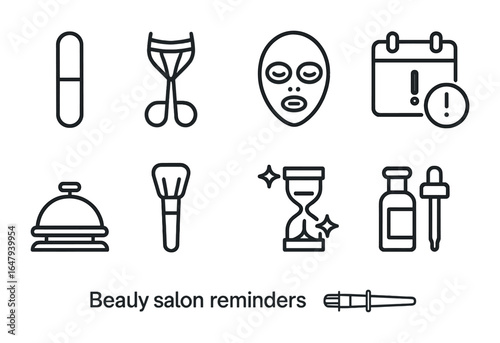 Beauty Salon Icons. Outline vector icons of beauty salon reminders: nail file, eyelash curler, facial mask,