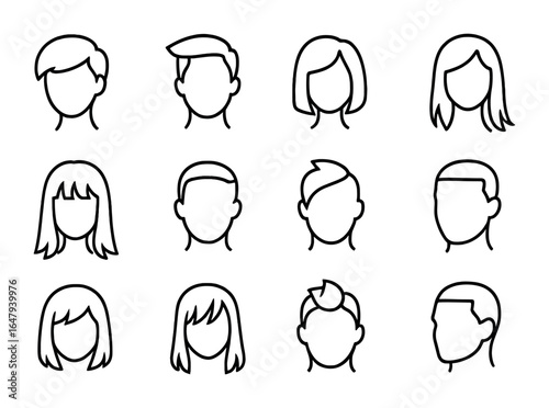 Trendy Hairstyle Icons. Outline vector icons of trendy hairstyles: pixie cut, undercut, bob haircut, long