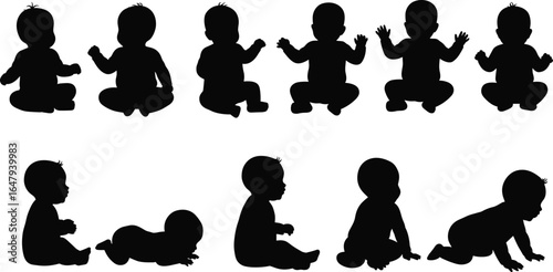 Silhouette collection of sitting and crawling babies, infant poses, child development stages, toddler activities, black vector illustration, cute childhood moments