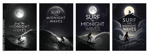 Four striking posters featuring surfers riding waves under the moonlight, capturing nocturnal surf vibes.