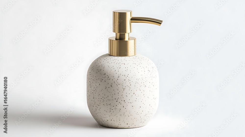 Fototapeta premium A speckled white soap dispenser with a gold pump sits on a white surface in a studio setting