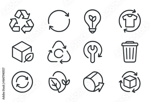 Circular Economy Icons. Outline vector icons of circular economy: recycling arrows, closed-loop process,