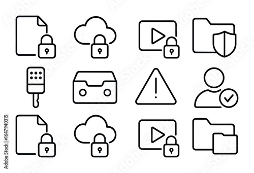 Media Protection Icons. Outline icon set of media data protection: file encryption, secure cloud, video lock,