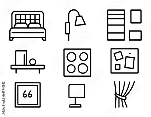 Bedroom Wall Icons. Outline icon set of bedroom feature walls: headboard design, wall lamp, fabric panel,