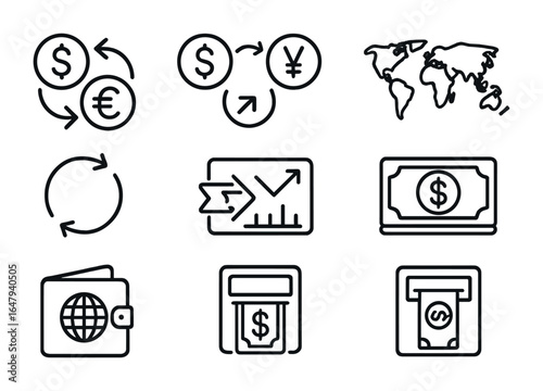 Currency Exchange Icons. Outline icon set of currency exchange and international financial transactions: