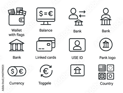 Multi-Currency Icon Set. Outline icon set of multi-currency accounts: wallet with flags, balance dashboard,