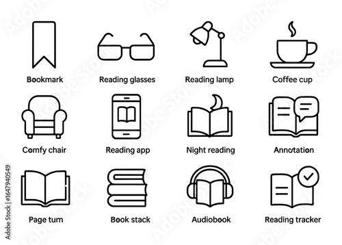 Reading Habits Icons. Outline vector icons of book reading habits: bookmark, reading glasses, reading lamp,