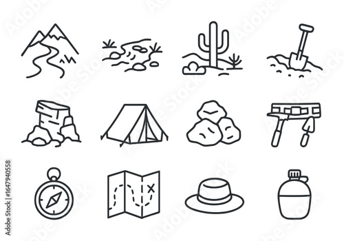 Rock Hounding Icons. Outline vector icons of rock hounding fieldwork: mountain trail, creek bed, desert