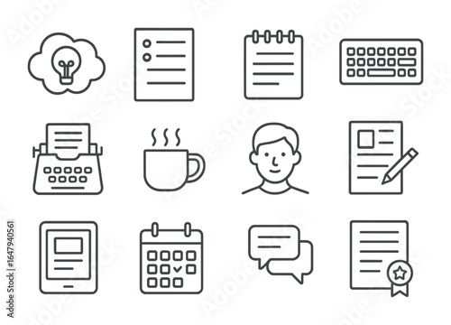 Writing Process Icons. Outline vector icons of author’s writing process: idea cloud, outline draft, notepad,