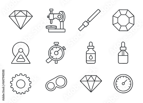 Gem Cutting Icons. Outline vector icons of gem cutting and faceting: facet diagram, faceting machine,