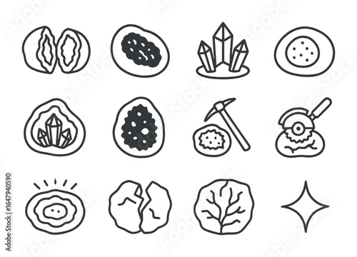 Geode Icon Collection. Outline vector icons of geodes and vugs: split geode, hollow rock, crystal center,