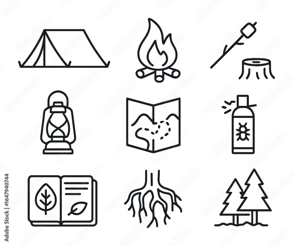 Fototapeta premium Solo Camping Icons. Outline icon set of camping alone in nature: solo tent, bonfire, log stool, marshmallow