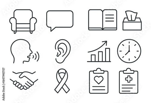 Therapy Icon Set. Outline vector icons of therapy and counseling: comfy chair, speech bubble, tissue box, open