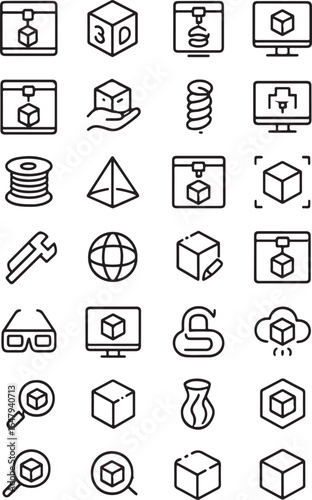 Collection of clean line art icons representing 3d printing technology and related concepts in a grid layout