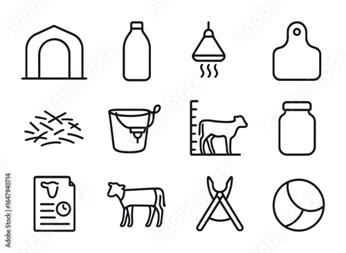 Calf Care Icons. Outline vector icons of calf care and management: calf hutch, milk bottle, warming lamp, ID
